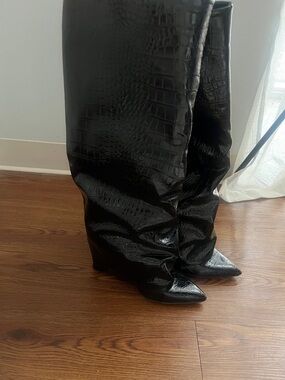 Steve Madden Black Croc-Embossed Over-The-Knee Pointed Boots